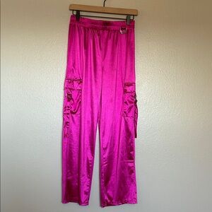 Berry Bliss by Block Satin Cargo Pants vibrant Pink womens girls Wide Leg S Y2K